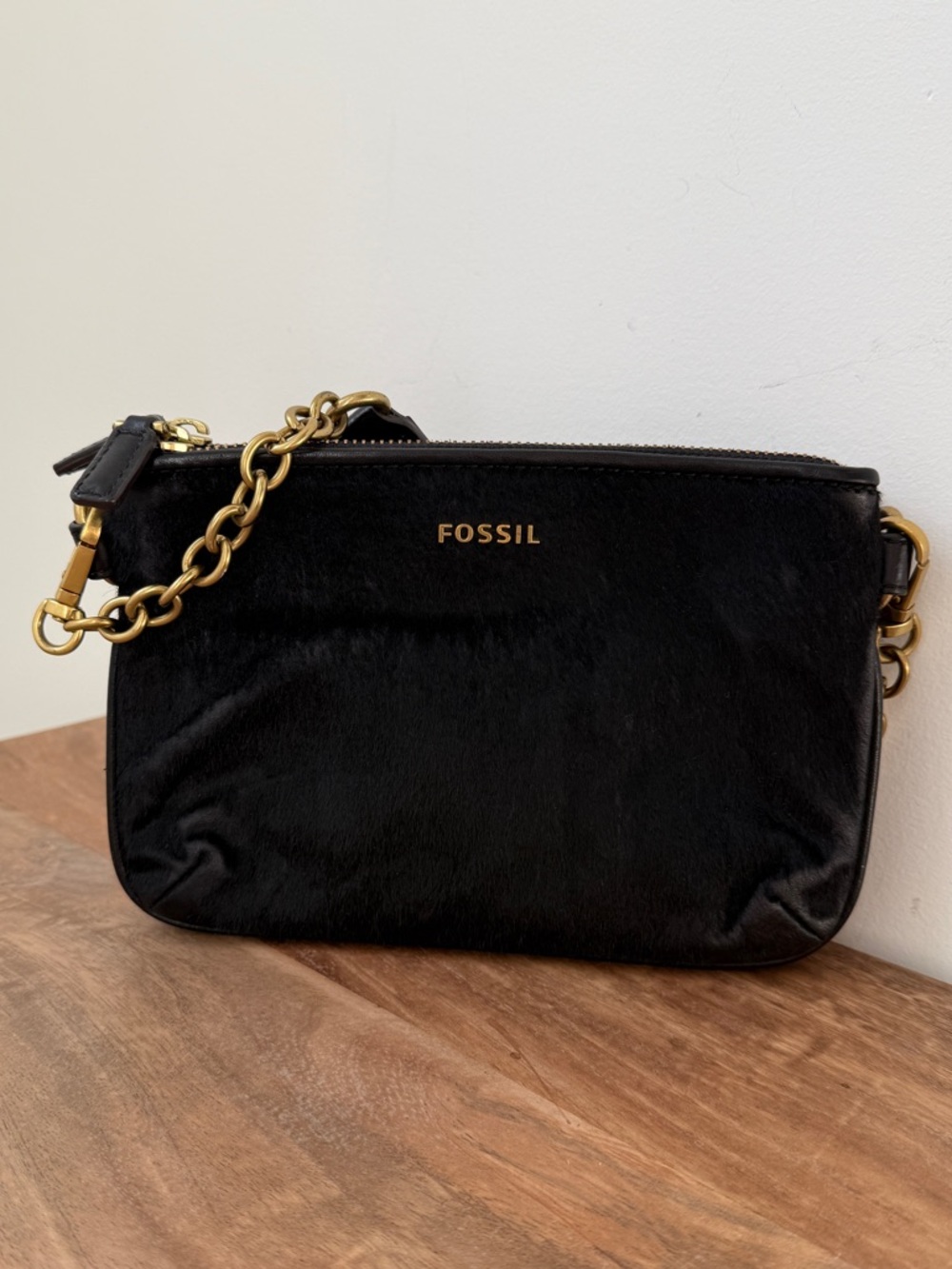 Fossil Black Calf Hair on Hide Mini Crossbody with Gold Chain